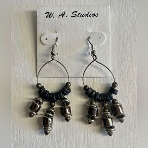 NWT Black Leather Silver Beaded Earrings